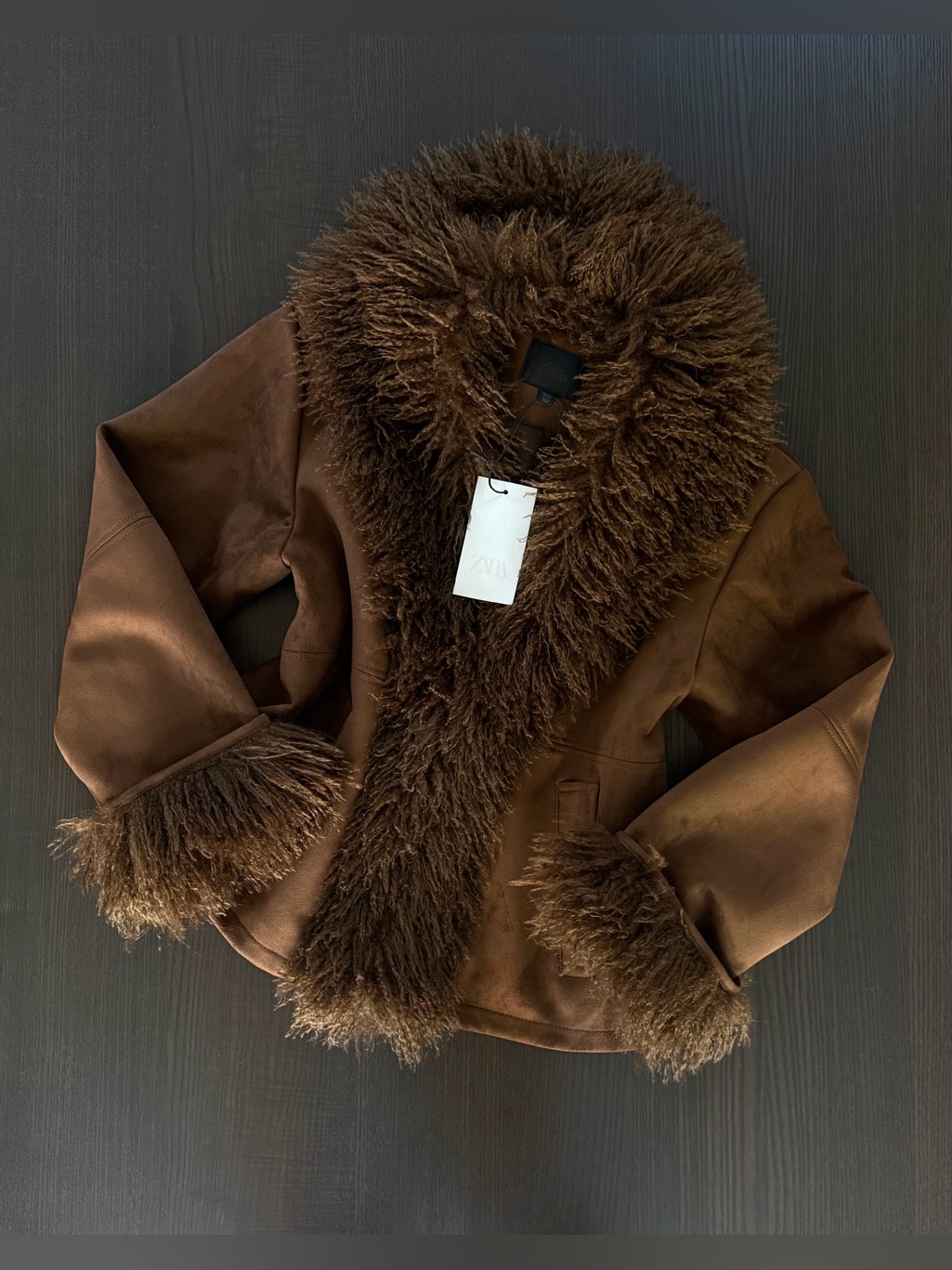 Zara Brown Faux-Suede Jacket With Plush Faux-Fur Trim